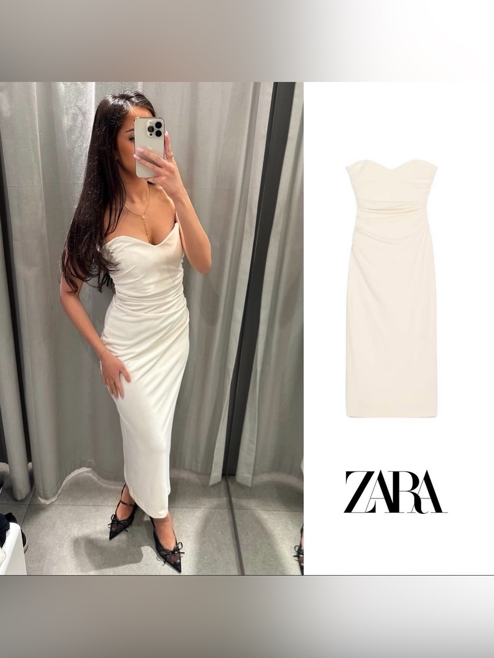 ZARA Cream Strapless Ruched Midi Dress Size XS NEVER WORN